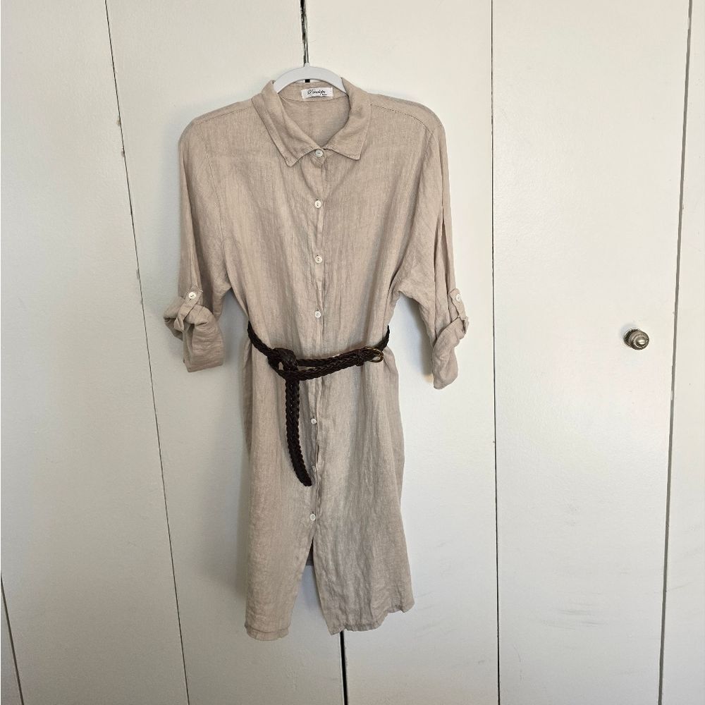 Casual Beige Line Shirt Dress with pockets